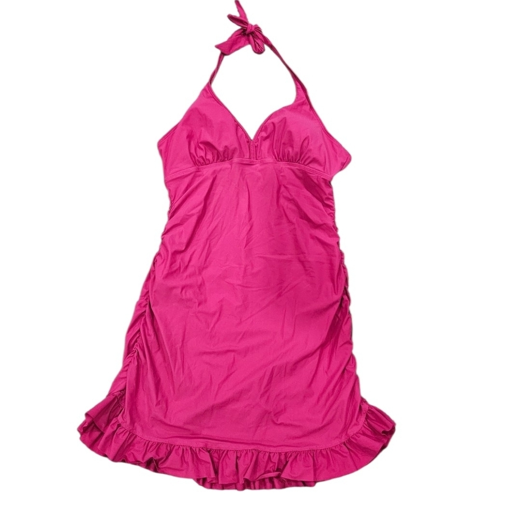 Spanx Swim Halter Dress Barbiecore Pink Coquette Pin Up Ruffles Ruched Retro XL